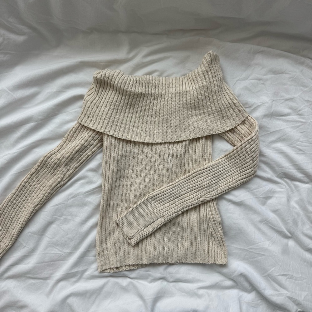 Motel Rocks Off the Shoulder Cream Knit Sweater with Bow Back (Saskia Bardot)
